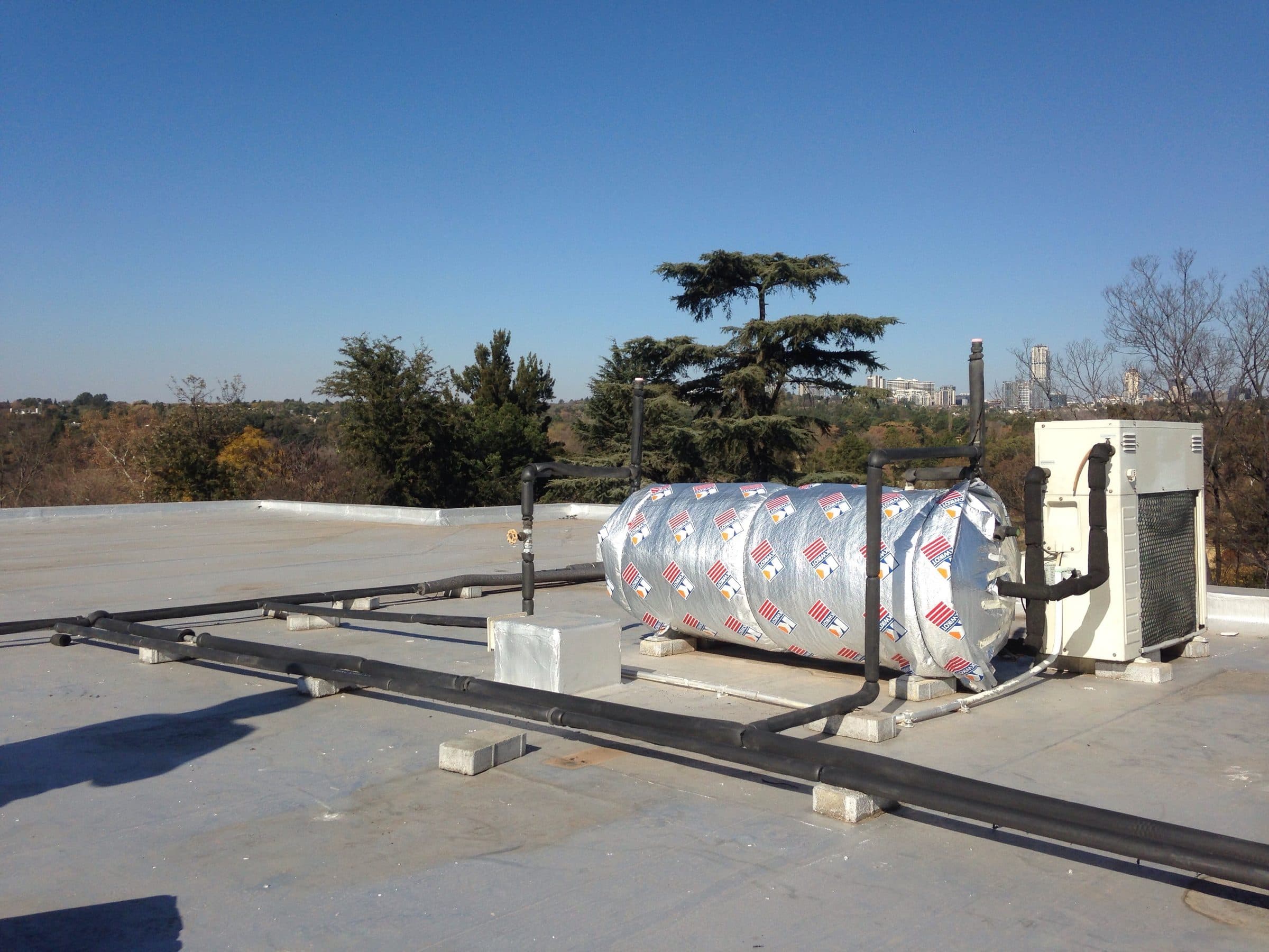 Heat pump and insulated geyser installed by Panwell on a rooftop